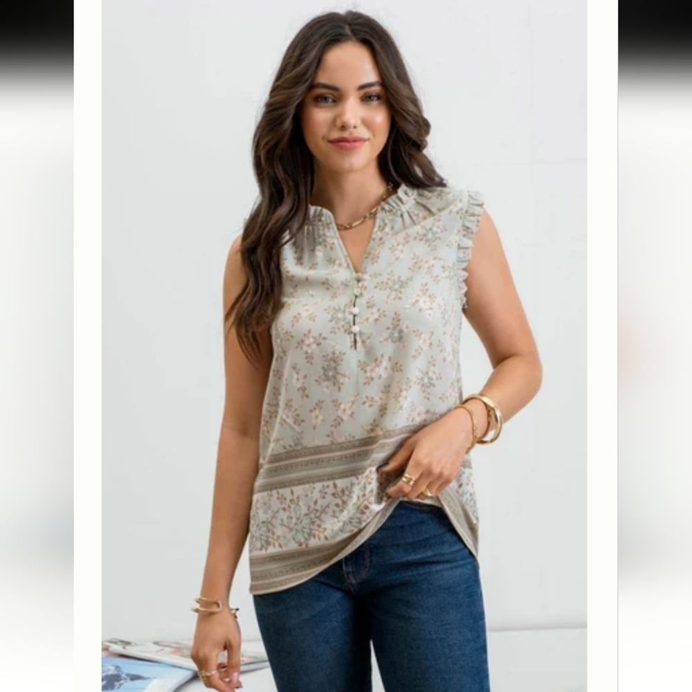 Floral Ruffle Trim Blouse - Size 2X